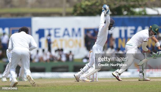 South African cricket captain Faf Du Plessis is dismissed during the 3rd day's play in the first Test cricket match between Sri Lanka and South...