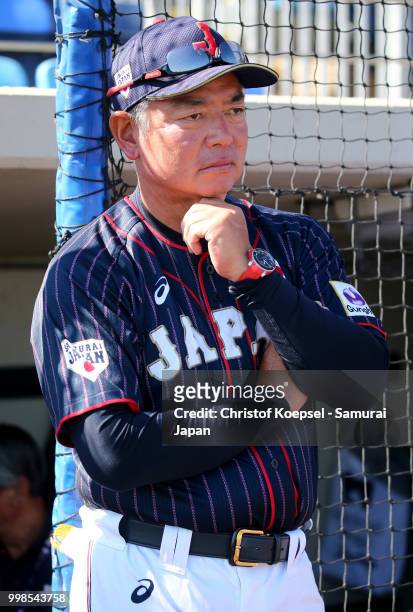 Manager Tsutomu Ikuta of Japan is seen prior to the Haarlem Baseball Week game between Chinese Taipei and Japan at the Pim Mulier honkbalstadion on...