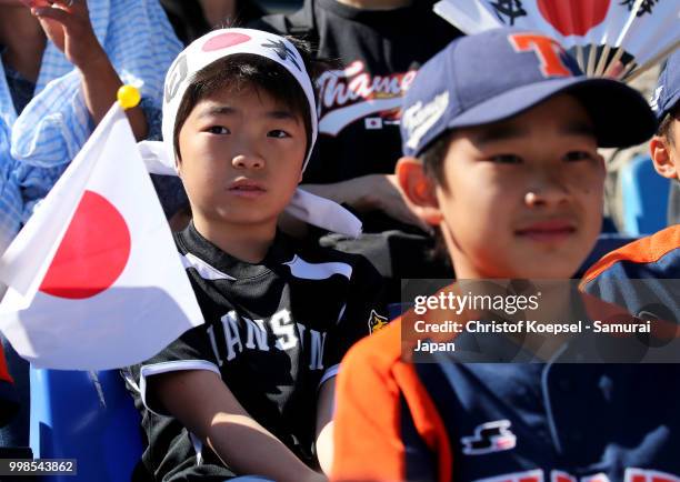 Japanese fans are seen during the Haarlem Baseball Week game between Chinese Taipei and Japan at the Pim Mulier honkbalstadion on July 14, 2018 in...