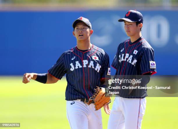 Toshiya Sato of Japan rictus in the first inning during the Haarlem Baseball Week game between Chinese Taipei and Japan at the Pim Mulier...