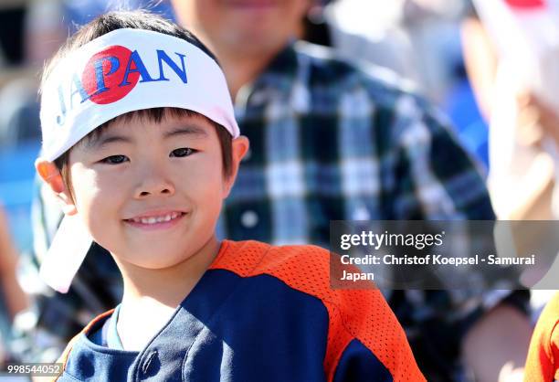 Japanese fan is seen during the Haarlem Baseball Week game between Chinese Taipei and Japan at the Pim Mulier honkbalstadion on July 14, 2018 in...