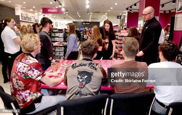 James McVey, Bradley Simpson, Tristan Evans and Connor Ball of The Vamps meet fans and sign copies of their new album 'Night and Day' at HMV...