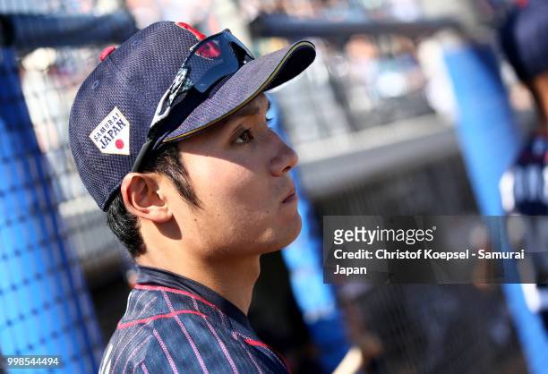 Hiromi Ito of Japan is seen prior to the Haarlem Baseball Week game between Chinese Taipei and Japan at the Pim Mulier honkbalstadion on July 14,...