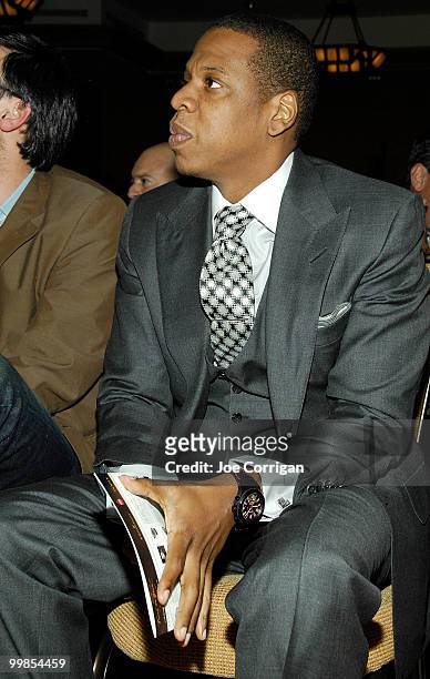 Rapper/businessman Jay-Z looks on during Audemars Piguet and the Tony Awards' "Time To Give" auction at the Four Seasons Hotel on May 17, 2010 in New...