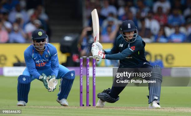 Joe Root of England hits out during the 2nd Royal London One-Day International between England and India at Lord's Cricket Ground on July 14, 2018 in...