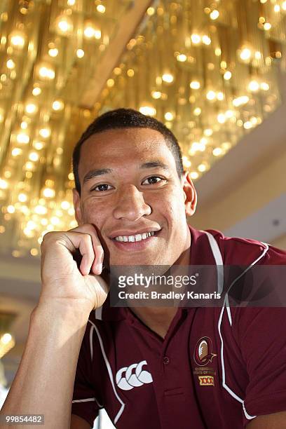 Israel Folau poses for a photo at the media call following the Queensland Maroons State of Origin I team announcement at the Sofitel Hotel on May 18,...