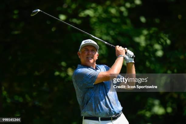 Ken Duke hits his tee shot on the sixth hole during the second round of the John Deere Classic on July 13, 2018 at the TPC Deere Run in Silvis,...