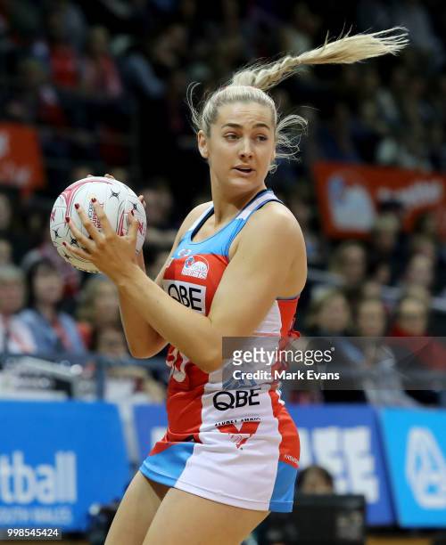 Sophie Garbin of the Swifts looks topass the ball during the round 11 Super Netball match between the Swifts and the Fever at Quay Centre on July 14,...