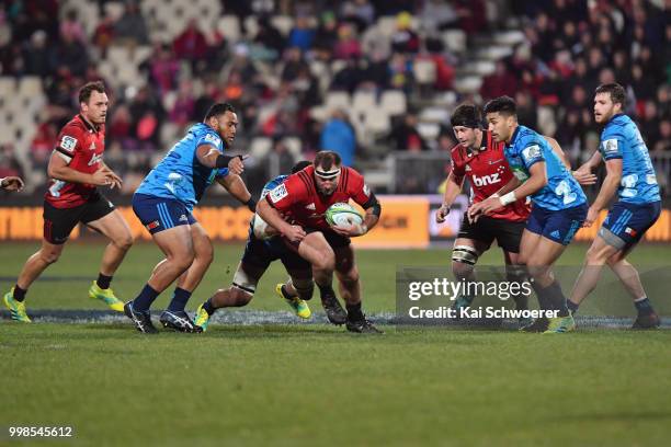 Tim Perry of the Crusaders charges forward during the round 19 Super Rugby match between the Crusaders and the Blues at AMI Stadium on July 14, 2018...