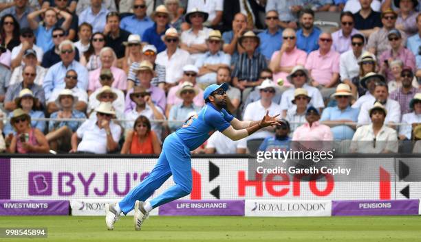 Rohit Sharma of India catches out Moeen Ali of England during the 2nd ODI Royal London One-Day match between England and India at Lord's Cricket...