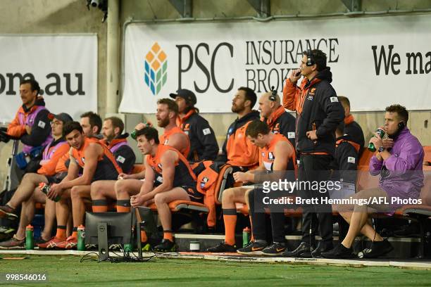 Giants coach Leon Cameron looks on from the bench during the round 17 AFL match between the Greater Western Sydney Giants and the Richmond Tigers at...