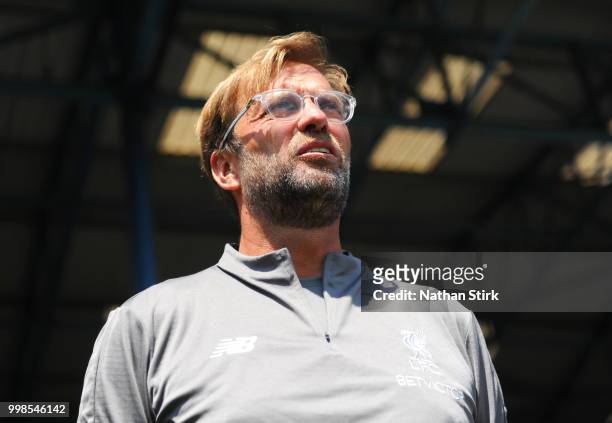 Jurgen Klopp manager of Liverpool looks on before the pre-season friendly match between Bury and Liverpool at Gigg Lane on July 14, 2018 in Bury,...