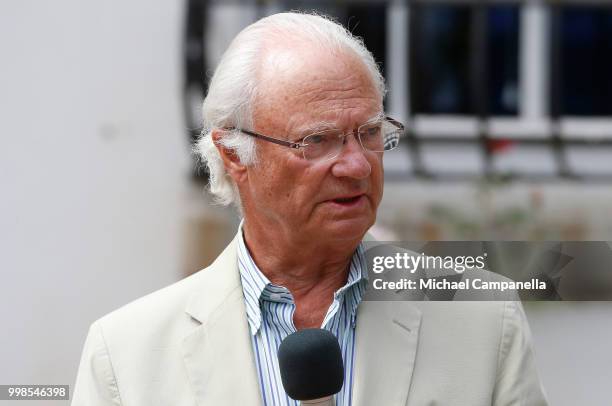King Carl Gustaf of Sweden speaks during the occasion of The Crown Princess Victoria of Sweden's 41st birthday celebrations at Solliden Palace on...
