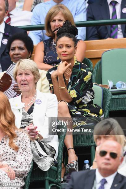 Thandie Newton attends day twelve of the Wimbledon Tennis Championships at the All England Lawn Tennis and Croquet Club on July 13, 2018 in London,...