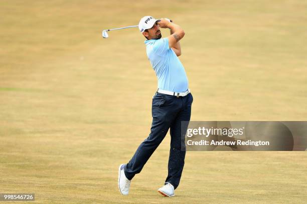 Matthieu Pavon of France takes his second shot on hole four during day three of the Aberdeen Standard Investments Scottish Open at Gullane Golf...