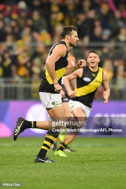 Toby Nankervis of the Tigers celebrates kicking a goal during the round 17 AFL match between the Greater Western Sydney Giants and the Richmond...