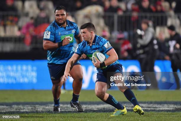 Bryn Gatland of the Blues charges forward during the round 19 Super Rugby match between the Crusaders and the Blues at AMI Stadium on July 14, 2018...