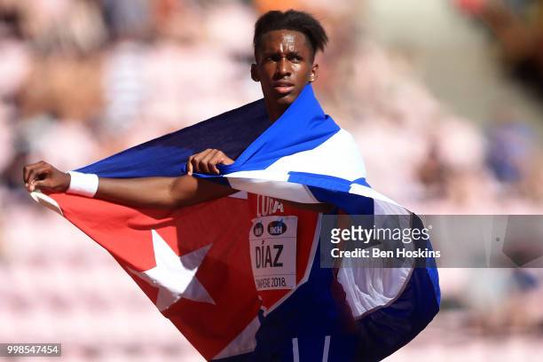 Jordan A.Diaz of Cuba celebrates after winning gold in the final of the men's triple jump on day five of The IAAF World U20 Championships on July 10,...