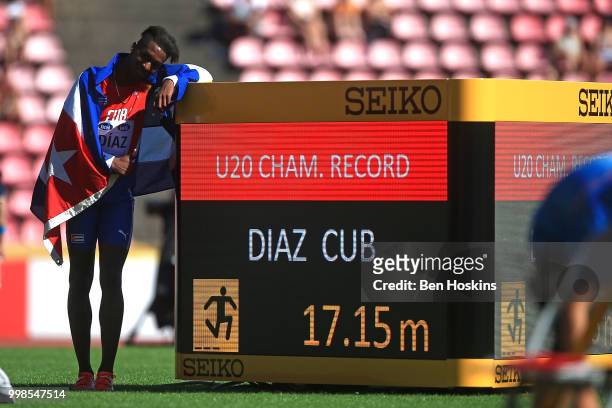 Jordan A.Diaz of Cuba celebrates after breaking a championship record in the final of the men's triple jump on day five of The IAAF World U20...