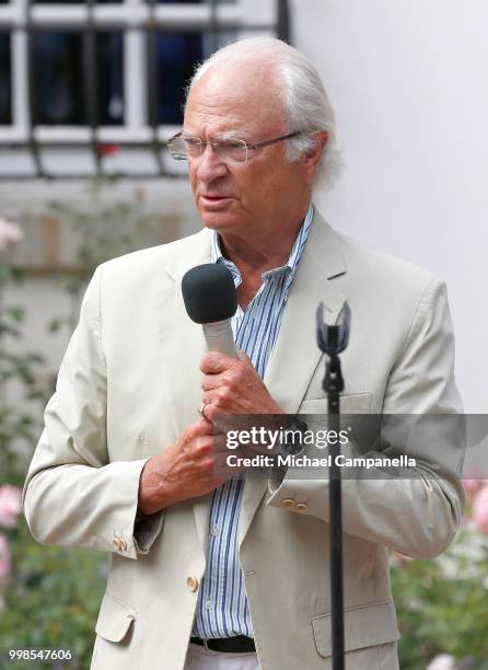 King Carl Gustaf of Sweden speaks during the occasion of The Crown Princess Victoria of Sweden's 41st birthday celebrations at Solliden Palace on...