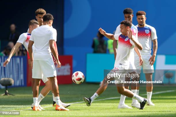 Trent Alexander-Arnold of England in action during warm up prior to the 2018 FIFA World Cup Russia 3rd Place Playoff match between Belgium and...