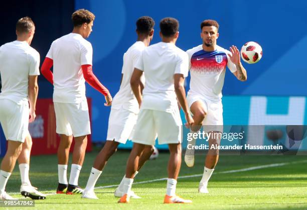 Kyle Walker of England warms up prior to the 2018 FIFA World Cup Russia 3rd Place Playoff match between Belgium and England at Saint Petersburg...