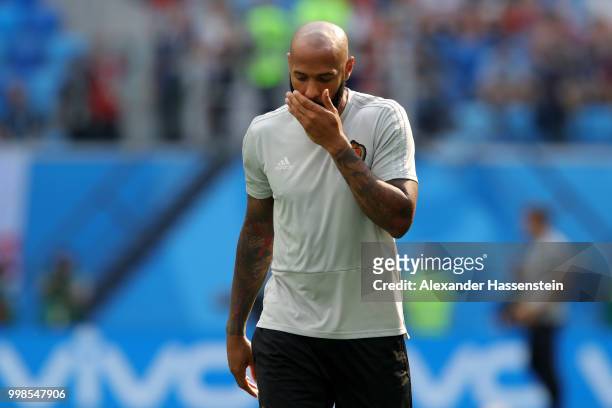 Belgium assistant coach Thierry Henry looks on during the warm up prior to the 2018 FIFA World Cup Russia 3rd Place Playoff match between Belgium and...