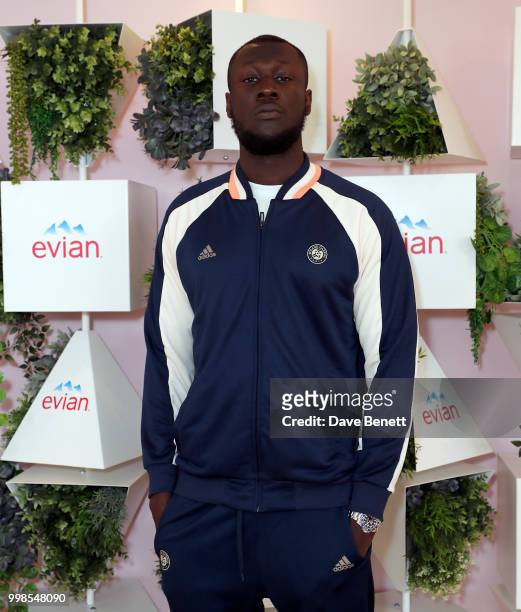 Stormzy attends the evian Live Young Suite at The Championship at Wimbledon on July 14, 2018 in London, England.