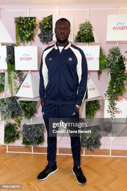 Stormzy attends the evian Live Young Suite at The Championship at Wimbledon on July 14, 2018 in London, England.
