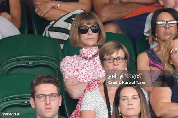 Anna Wintour attends day twelve of the Wimbledon Tennis Championships at the All England Lawn Tennis and Croquet Club on July 13, 2018 in London,...
