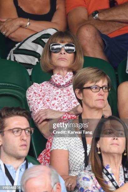 Anna Wintour attends day twelve of the Wimbledon Tennis Championships at the All England Lawn Tennis and Croquet Club on July 13, 2018 in London,...