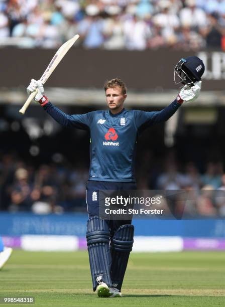 England batsman Joe Root reaches his century during the 2nd ODI Royal London One Day International match between England and India at Lord's Cricket...