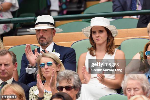 John Vosler and Emma Watson attends day twelve of the Wimbledon Tennis Championships at the All England Lawn Tennis and Croquet Club on July 13, 2018...