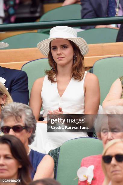 Emma Watson attends day twelve of the Wimbledon Tennis Championships at the All England Lawn Tennis and Croquet Club on July 13, 2018 in London,...