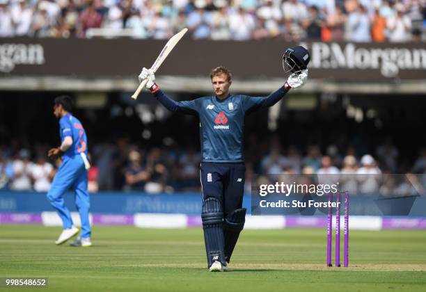 England batsman Joe Root reaches his century during the 2nd ODI Royal London One Day International match between England and India at Lord's Cricket...