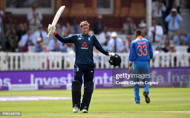 Joe Root of England celebrates reaching his century during the 2nd ODI Royal London One-Day match between England and India at Lord's Cricket Ground...