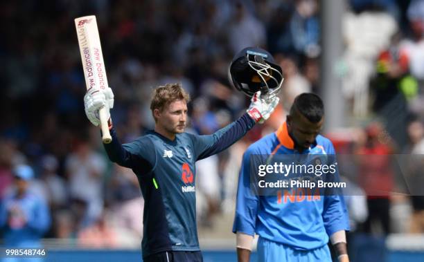 Joe Root of England celebrates reaching his century during the 2nd Royal London One-Day International between England and India at Lord's Cricket...