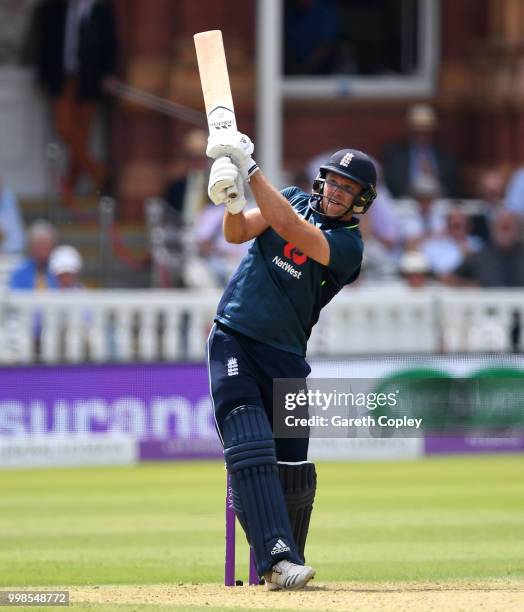 David Willey of England bats during the 2nd ODI Royal London One-Day match between England and India at Lord's Cricket Ground on July 14, 2018 in...