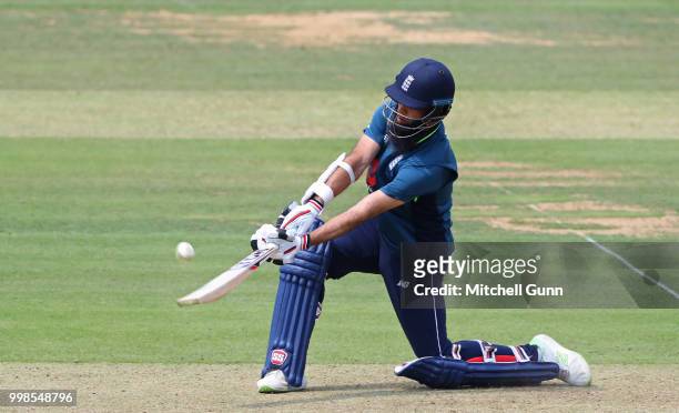 Moeen Ali of England plays a shot during the 2nd Royal London One day International match between England and India at Lords Cricket Ground on July...