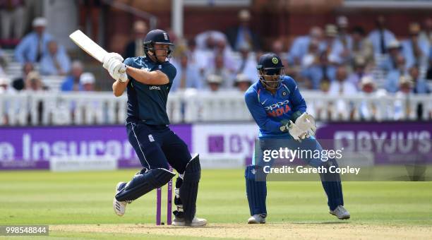 David Willey of England bats during the 2nd ODI Royal London One-Day match between England and India at Lord's Cricket Ground on July 14, 2018 in...