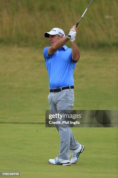 Paul McGinley of Ireland in action during Day Two of the WINSTONgolf Senior Open at WINSTONlinks on July 14, 2018 in Schwerin, Germany.