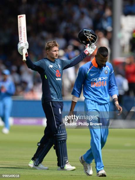 Joe Root of England celebrates reaching his century during the 2nd Royal London One-Day International between England and India at Lord's Cricket...