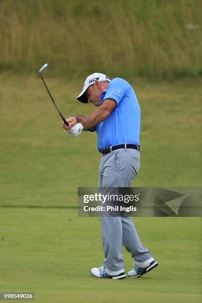 Paul McGinley of Ireland in action during Day Two of the WINSTONgolf Senior Open at WINSTONlinks on July 14, 2018 in Schwerin, Germany.