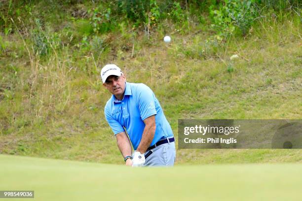 Paul McGinley of Ireland in action during Day Two of the WINSTONgolf Senior Open at WINSTONlinks on July 14, 2018 in Schwerin, Germany.