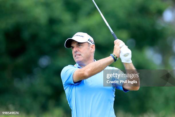 Paul McGinley of Ireland in action during Day Two of the WINSTONgolf Senior Open at WINSTONlinks on July 14, 2018 in Schwerin, Germany.