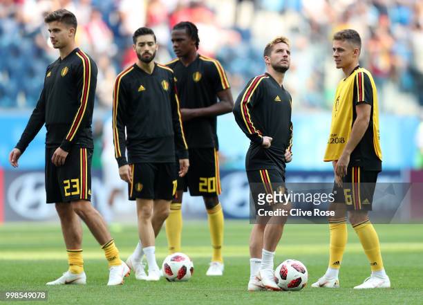 Dries Mertens of Belgium looks on during the warm up prior to the 2018 FIFA World Cup Russia 3rd Place Playoff match between Belgium and England at...