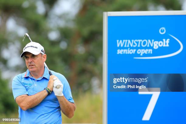 Paul McGinley of Ireland in action during Day Two of the WINSTONgolf Senior Open at WINSTONlinks on July 14, 2018 in Schwerin, Germany.