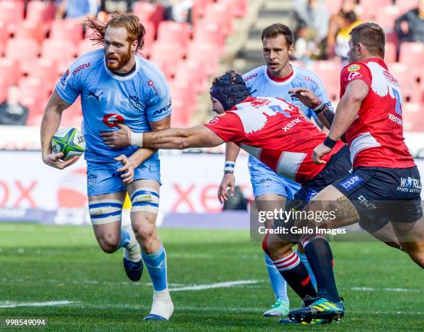 Jannes Kirsten of the Bulls with ball possession against the Lions during the Super Rugby match between Emirates Lions and Vodacom Bulls at Emirates...