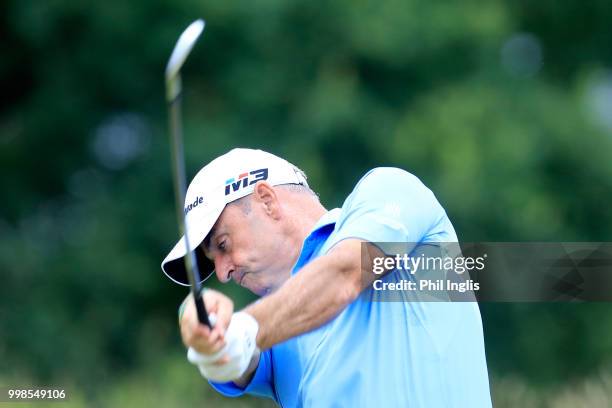 Paul McGinley of Ireland in action during Day Two of the WINSTONgolf Senior Open at WINSTONlinks on July 14, 2018 in Schwerin, Germany.