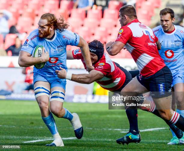 Jannes Kirsten of the Bulls with ball possession against the Lions during the Super Rugby match between Emirates Lions and Vodacom Bulls at Emirates...